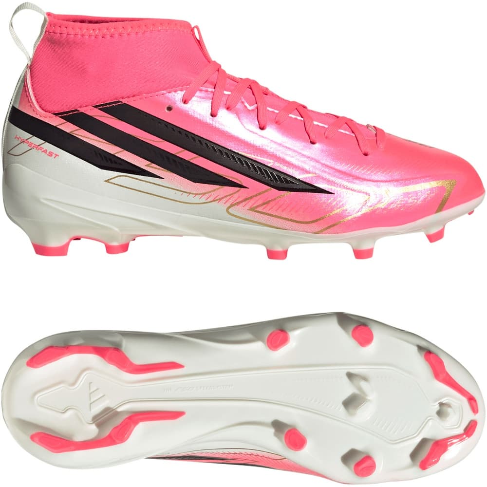 adidas F50 Hyperfast League Mid Gras Voetbalschoenen (FG) Kids in Mid Felroze Zwart Goud Wit