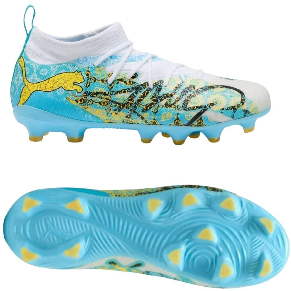 Puma Future 9 Match Playmaker Gras / Kunstgras Voetbalschoenen (MG) Kids Wit Vibrant Blue Sun Stream